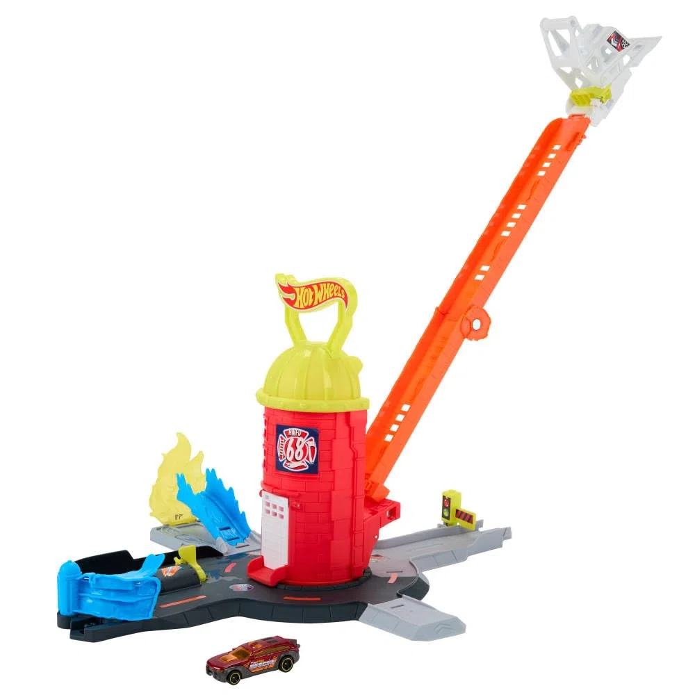 Hot Wheels City - Super Caserma dei Pompieri, set pista con 4 diverse uscite e scala estendibile fino a 40cm, camion dei pompieri in scala 1:64 incluso, 4+ anni, JHL95