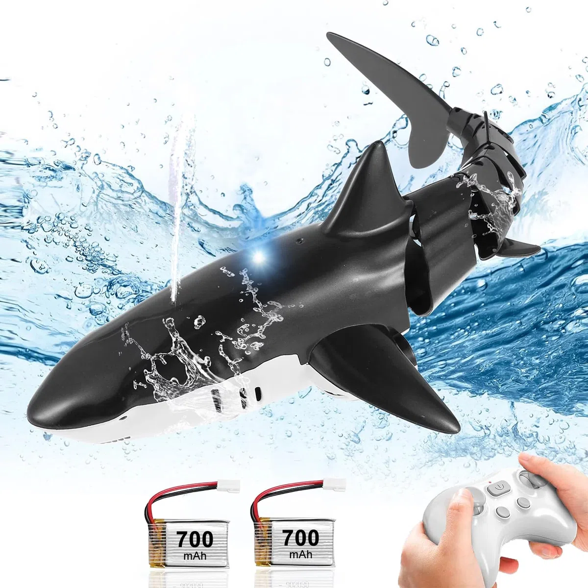 Giocattoli da piscina, giocattoli a forma di squalo telecomandato per ragazzi, giocattoli da bagno per bambini, alta simulazione squalo RC Boat Boy giocattoli con luce e acqua spray, regalo per