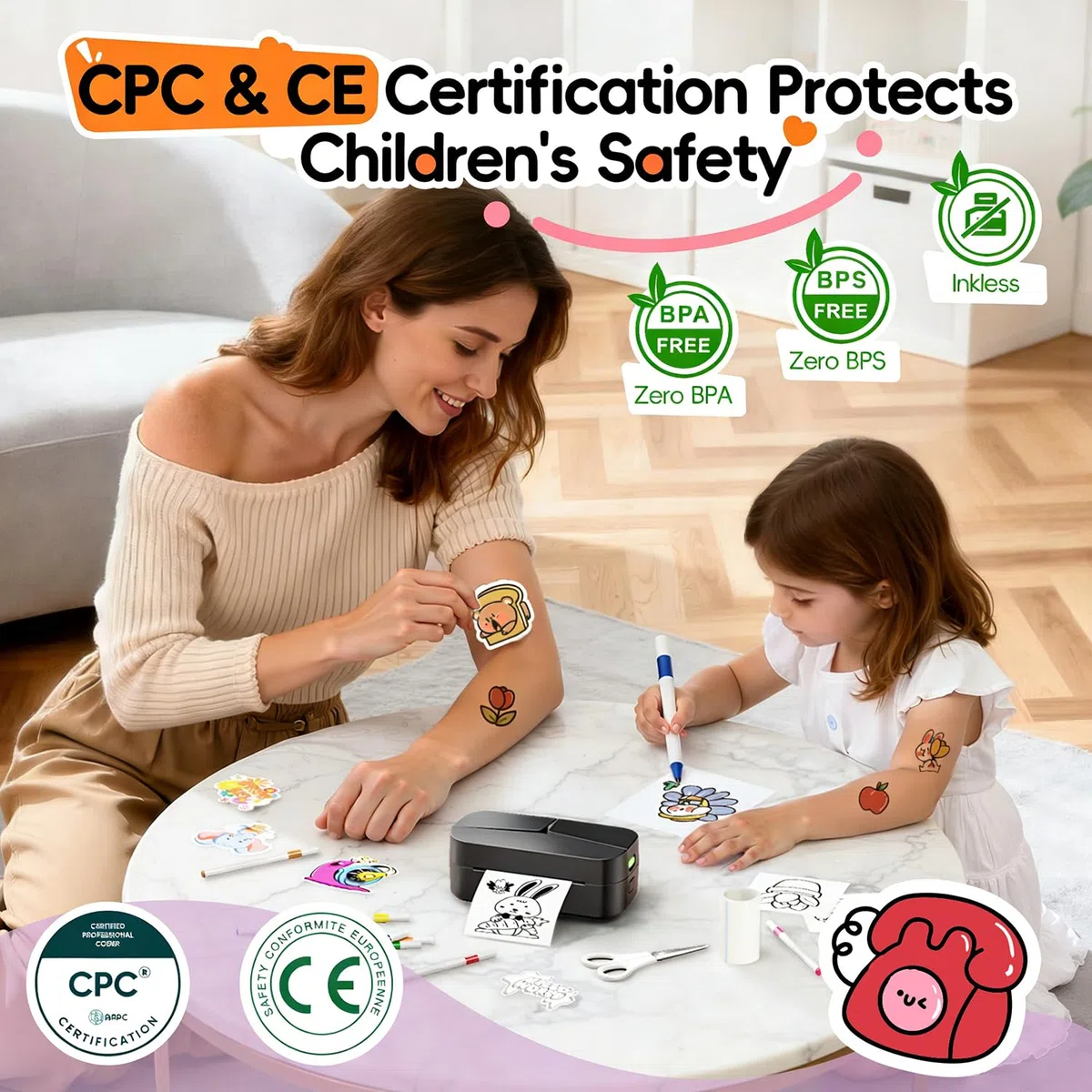 Phomemo TK32 Stampante Tatuaggi Temporanei per Bambini, Macchina per Tatuaggi con 50 Fogli & 8 Pennelli, Giochi Regalo Bambina 6 7 8 9 10 11 12 Anni Femmina