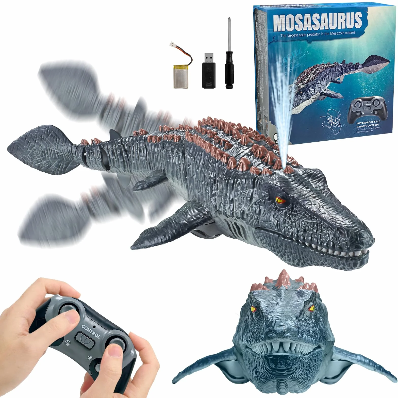 2.4GHz Barca Telecomandata Mosasaurus con Luce & Spray, Doppio Eliche RC Barca Telecomandata Dinosaur per Bambini, RC Squalo Motoscafo, Piscine e Laghi Giocattolo Spruzzare Acqua (grigio)