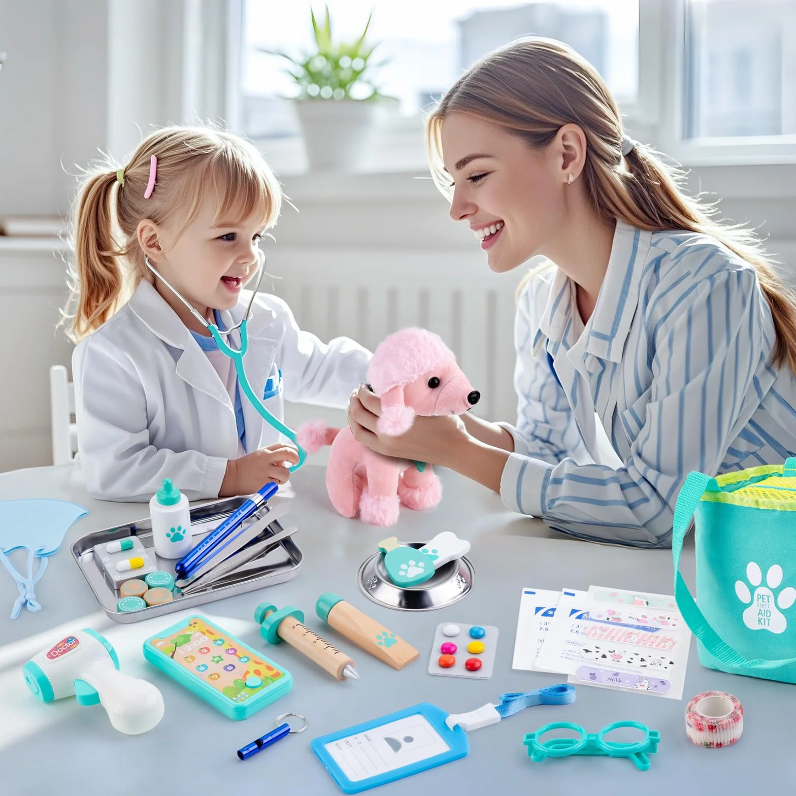 Sundaymot Valigetta Dottore Bambini, kit Dottoressa Bambina, con Peluche Cane Giochi Vero stetoscopio, termometro, camice da medico, Gioco di Ruolo per Ragazze e Ragazzi di 3, 4, 5 Anni