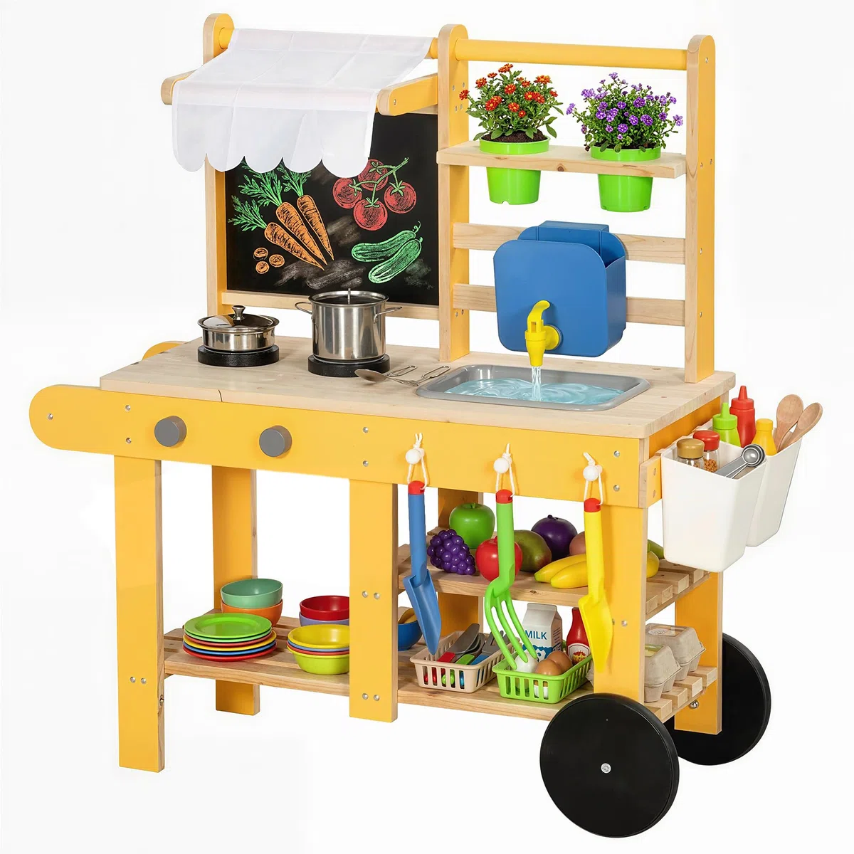 AIYAPLAY Cucina Giocattolo per Bambini, Cucina in Legno per Bambini con 2 Portavasi, Ruote, Fornello, Lavagna, Lavandino, Ripiano e 15 Accessori, 3+ Anni