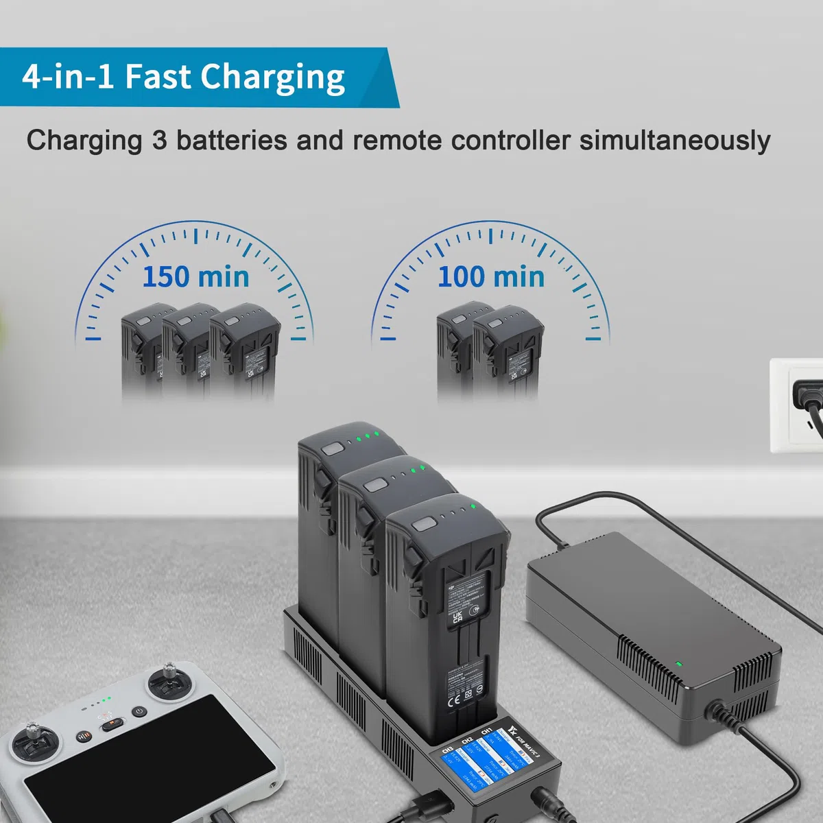 Caricabatterie LCD da Muro e da Auto per DJI Mavic 3,Mavic 3 Classic/Pro/Cine Drone, 4 in 1 Caricatore,Ricarica 3 Batterie, Stazione di Ricarica Carica Batteria Accessori