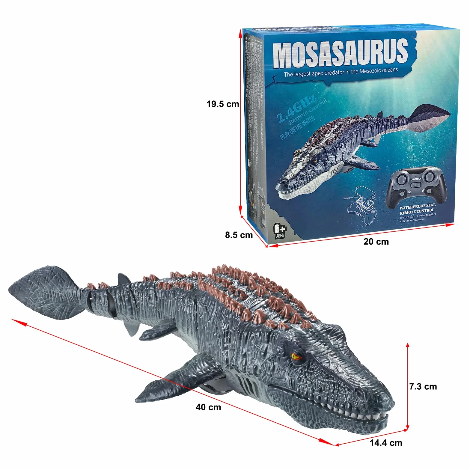 2.4GHz Barca Telecomandata Mosasaurus con Luce & Spray, Doppio Eliche RC Barca Telecomandata Dinosaur per Bambini, RC Squalo Motoscafo, Piscine e Laghi Giocattolo Spruzzare Acqua (grigio)