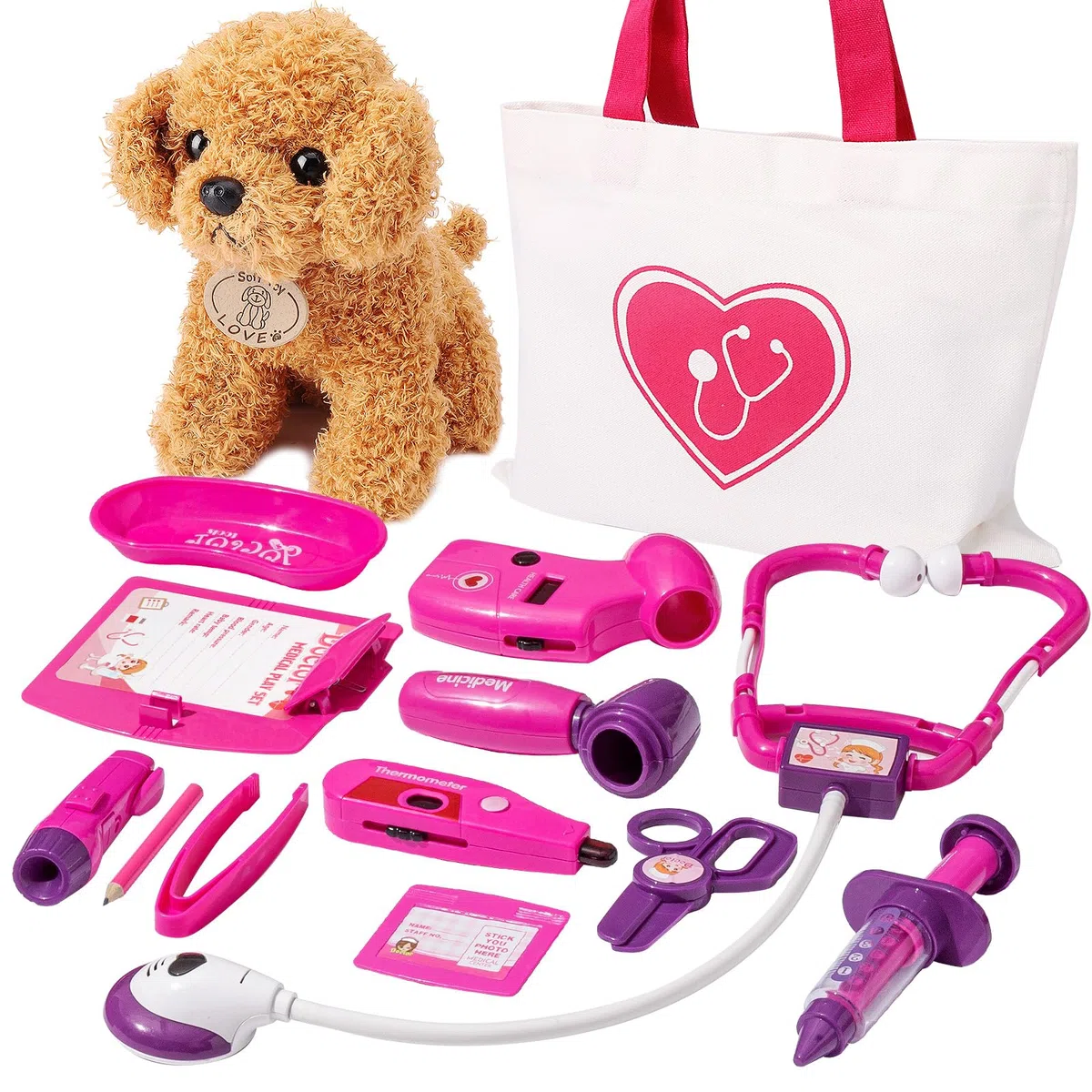 HERSITY Veterinario Bambini con Cane Peluche, Giocattoli Valigetta Dottore Veterinario Accessori, Giochi Bambina Gioco di Ruolo Regalo 3 4 5 Anni