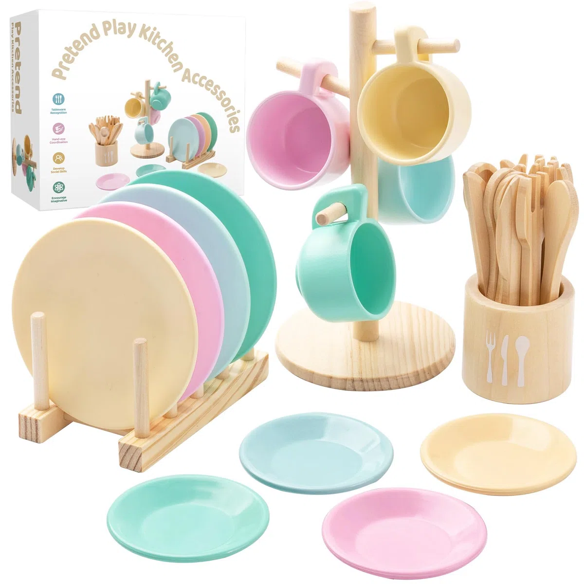 GAGAKU Set di stoviglie da cucina per bambini, 27 pezzi, servizio da tè per bambini, in legno, con supporto, giocattolo Montessori per bambini 3-5 anni, giocattolo educativo per giochi di ruolo