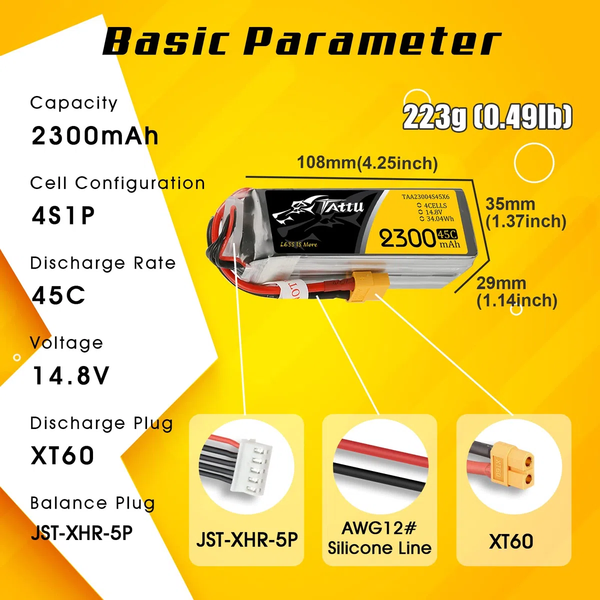 Tattu 4S Lipo Batteria 14.8V 2300mAh 45C Custodia morbida Batterie con connettore XT60 Spina per Droni da corsa FPV RC Helicopter RC Airplane RC Hobby