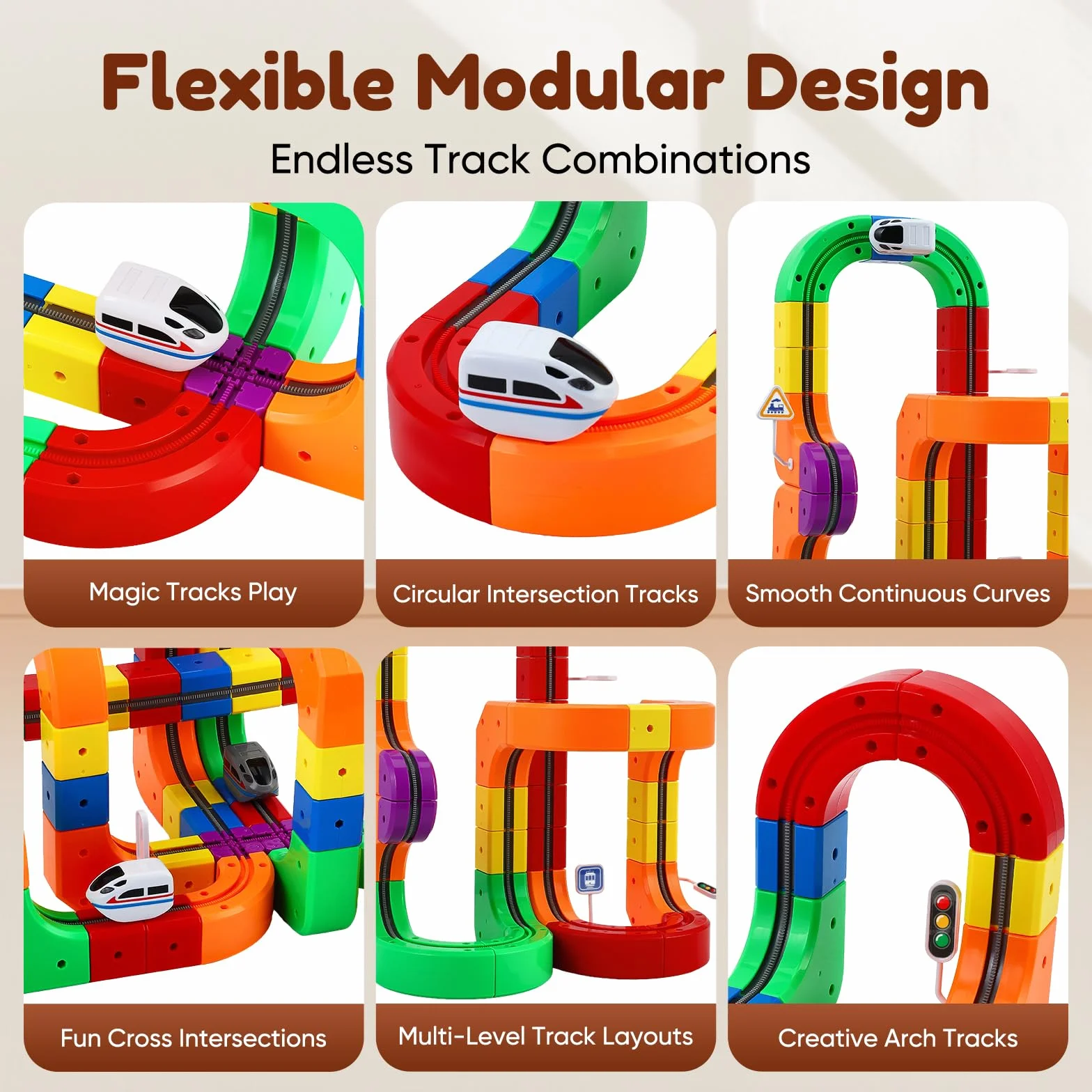 Set di treni cubici Magic Rail da 123 pezzi, set di treni elettrici, layout 3D incorporati, pista da corsa flessibile, giocattolo per la costruzione di auto motorizzate che sfidano la gravità
