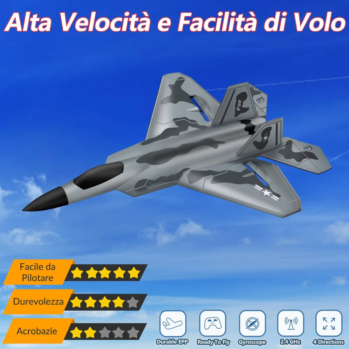 HAWK'S WORK Aereo Telecomandato 2 CH, F-22 Può Volare Subito, Aereo telecomandato a 2,4 GHz, Adatto a Bambini e Principianti, Aliante Volante Telecomandato