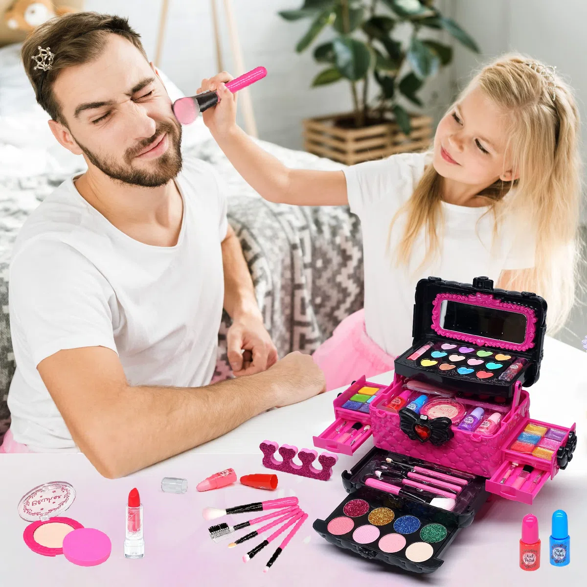 Valigetta Trucchi Bambina - Set Anallergico e Lavabile, Borsa Reale per Principessa, Regalo Compleanno 4-9 Anni (Rosa)