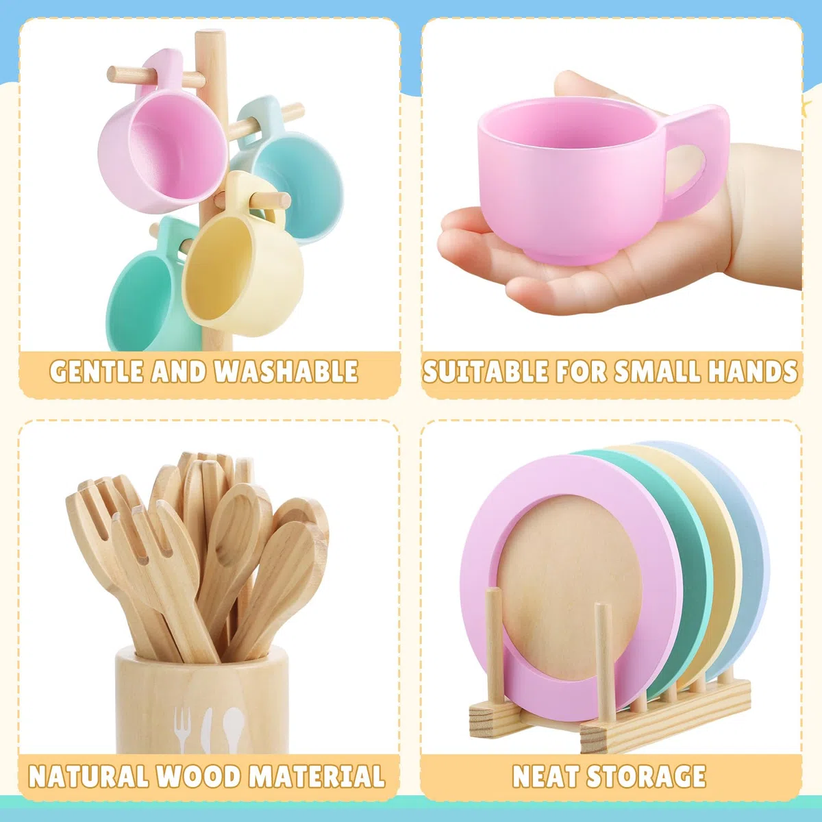 GAGAKU Set di stoviglie da cucina per bambini, 27 pezzi, servizio da tè per bambini, in legno, con supporto, giocattolo Montessori per bambini 3-5 anni (ultima versione)