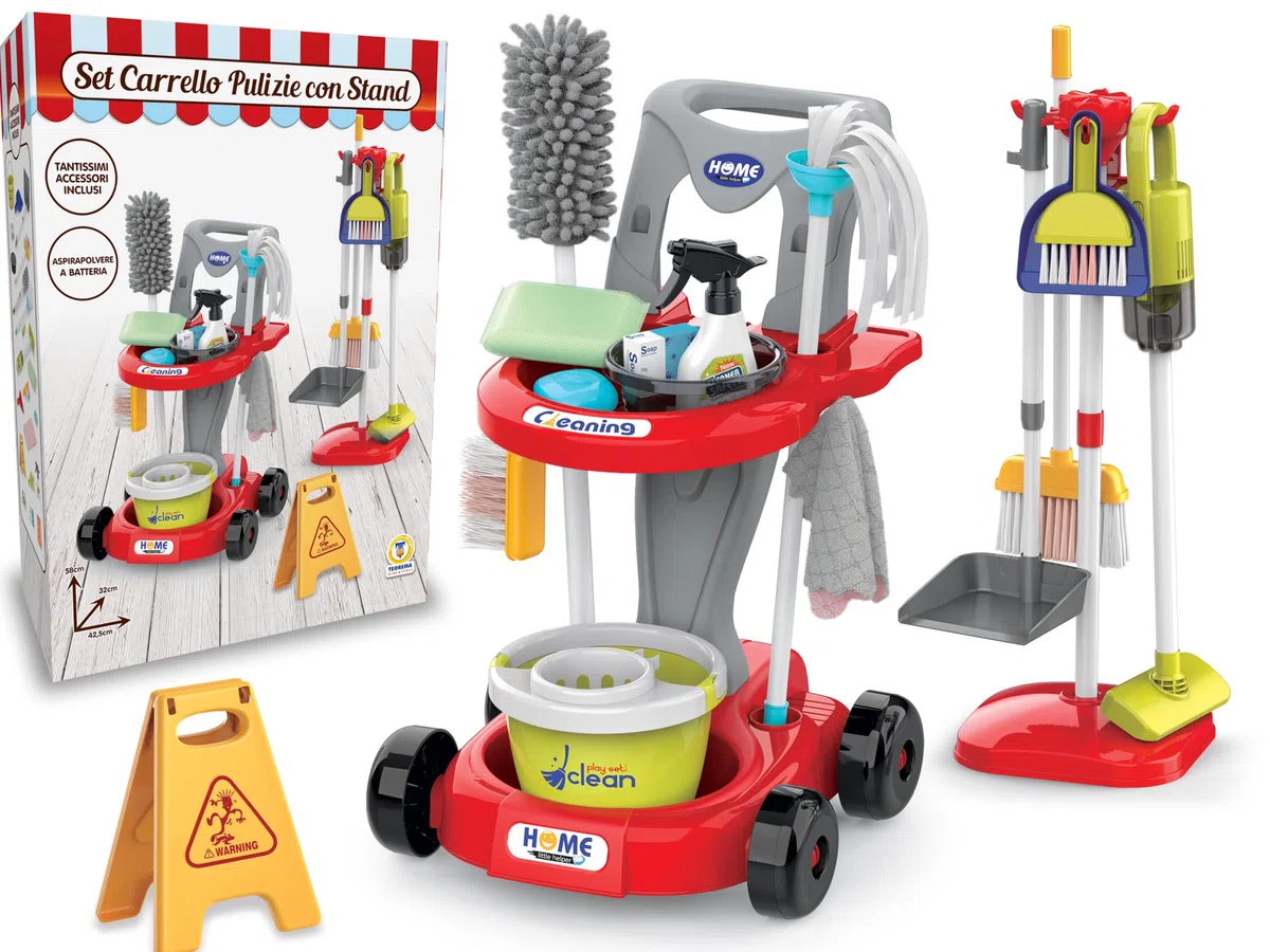 Teorema Giocattoli, Carrello per Bambini con Stand Porta Attrezzi, Set Pulizie Completo con Aspirapolvere Giocattolo a Batteria Funzionante, Scopa, Mocio e Tanti Accessori, Gioco di Imitazione, 58cm