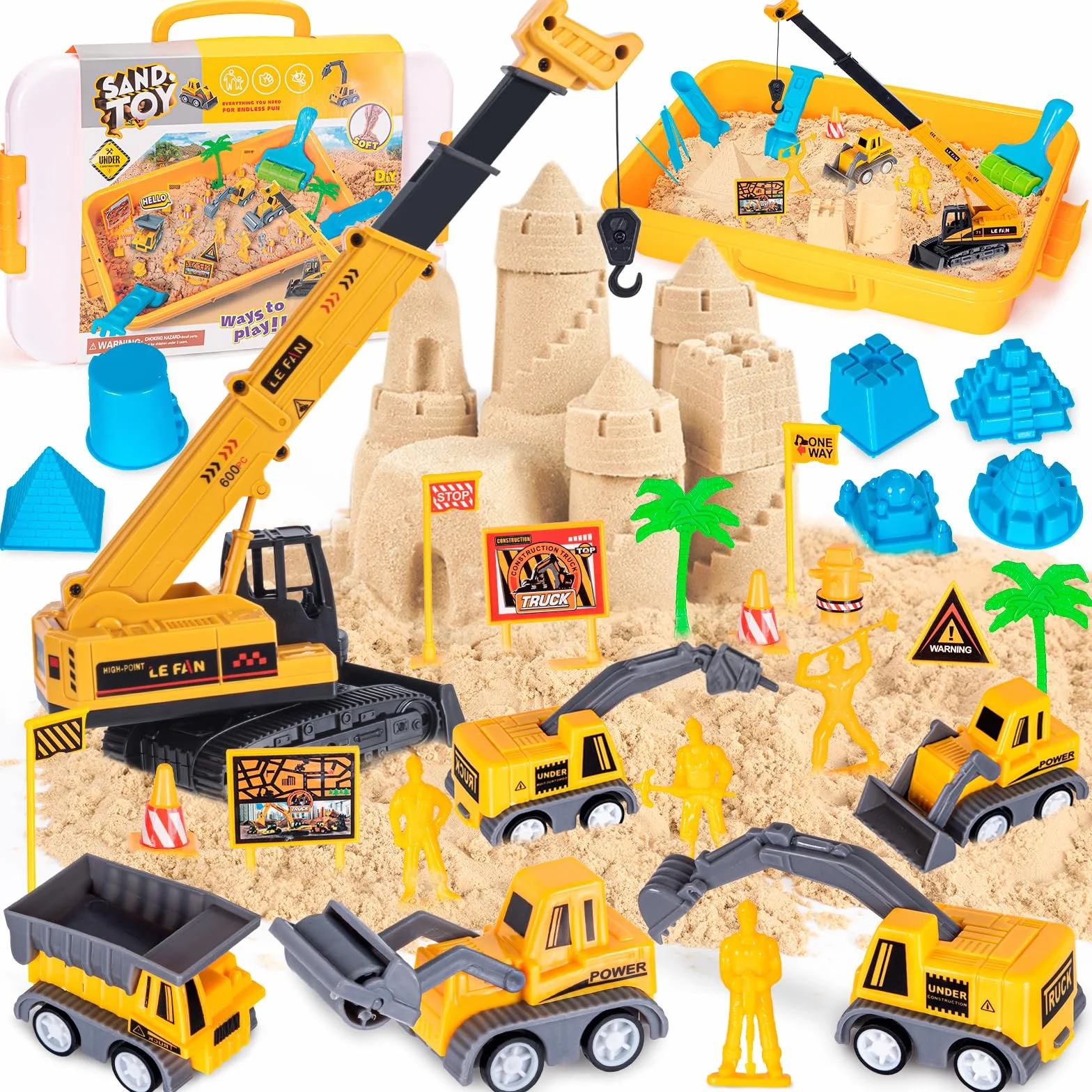 Thedttoy Sabbia Sensoriale Giocattolo 2KG Set Cantiere Edile con Vassoio,Gru e Stampi,Gioco della Sabbiera Magica,Regali per Ragazzi Ragazze 3 4 5 6 7+ Anni
