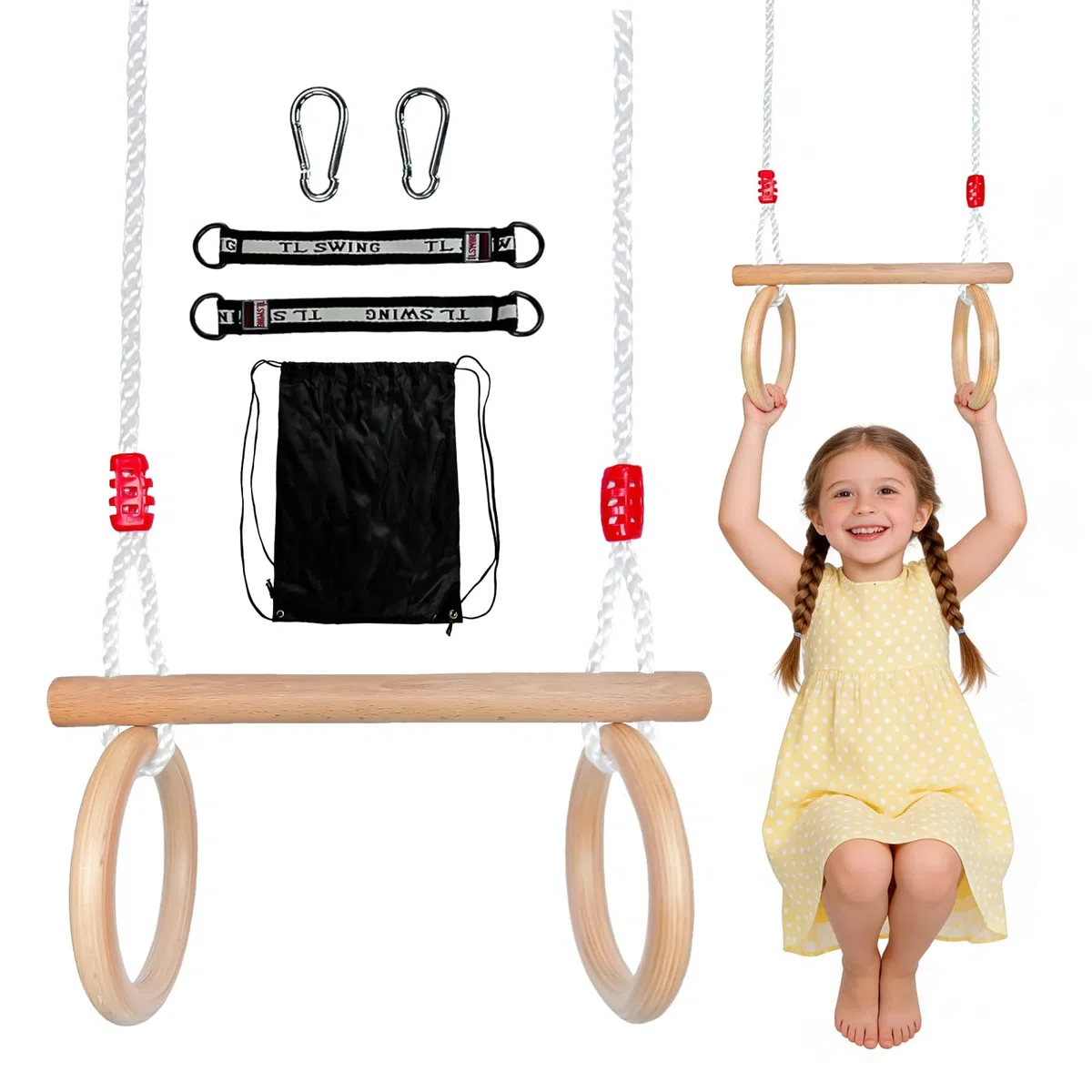 Altalena a Trapezio in Legno, Multifunzionale 2 in 1 Altalena da Giardino per da Interno e da Esterno Capacità di Carico Massima 100 kg Lunghezza Della Fune Regolabile