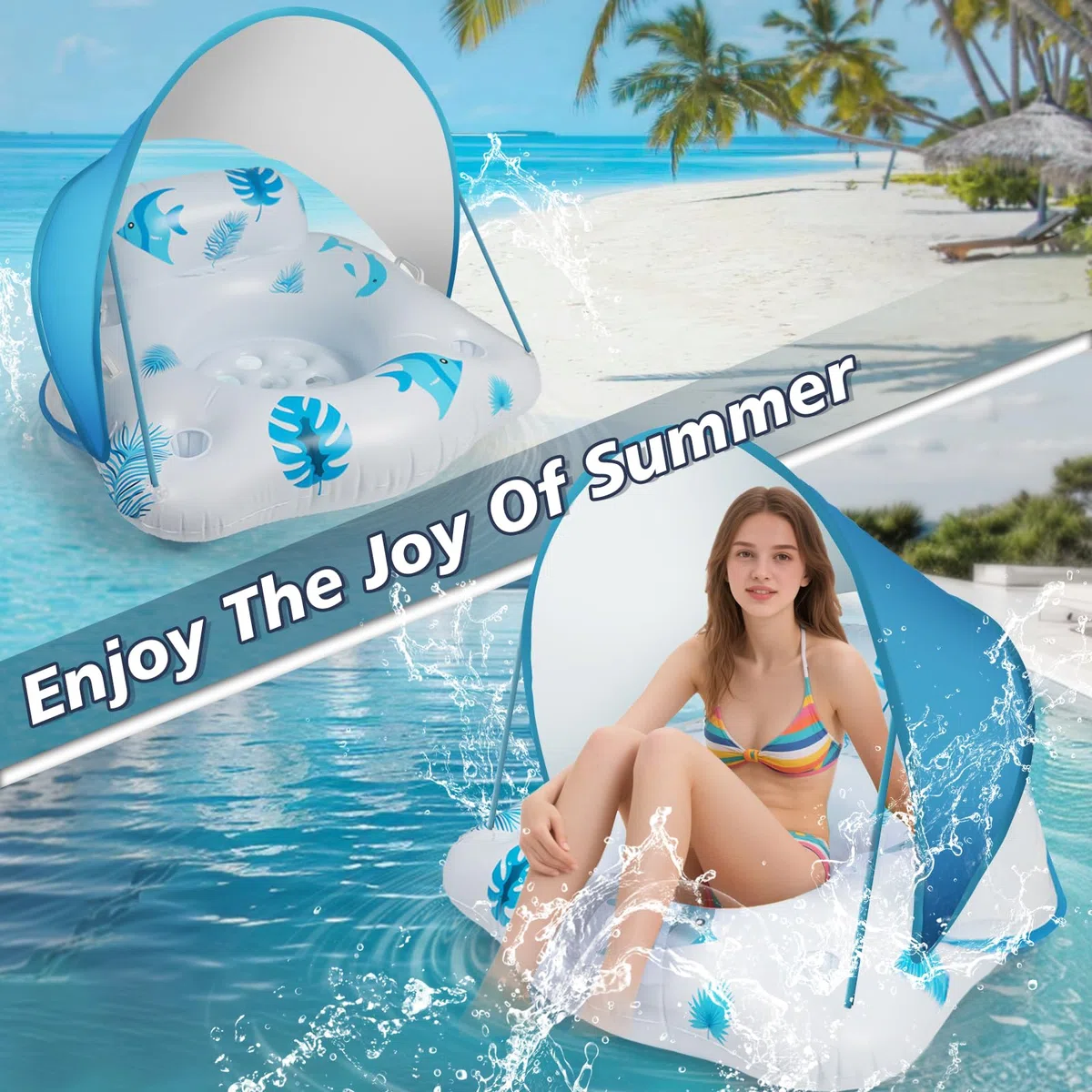 IEEILULU Gonfiabile Piscina Adulti, Sedia Galleggiante per Piscina con Parasole e Luci de Colore, Poltrona Gonfiabile Mare Piscina Giganti per Esterni, Spiagge, Laghi