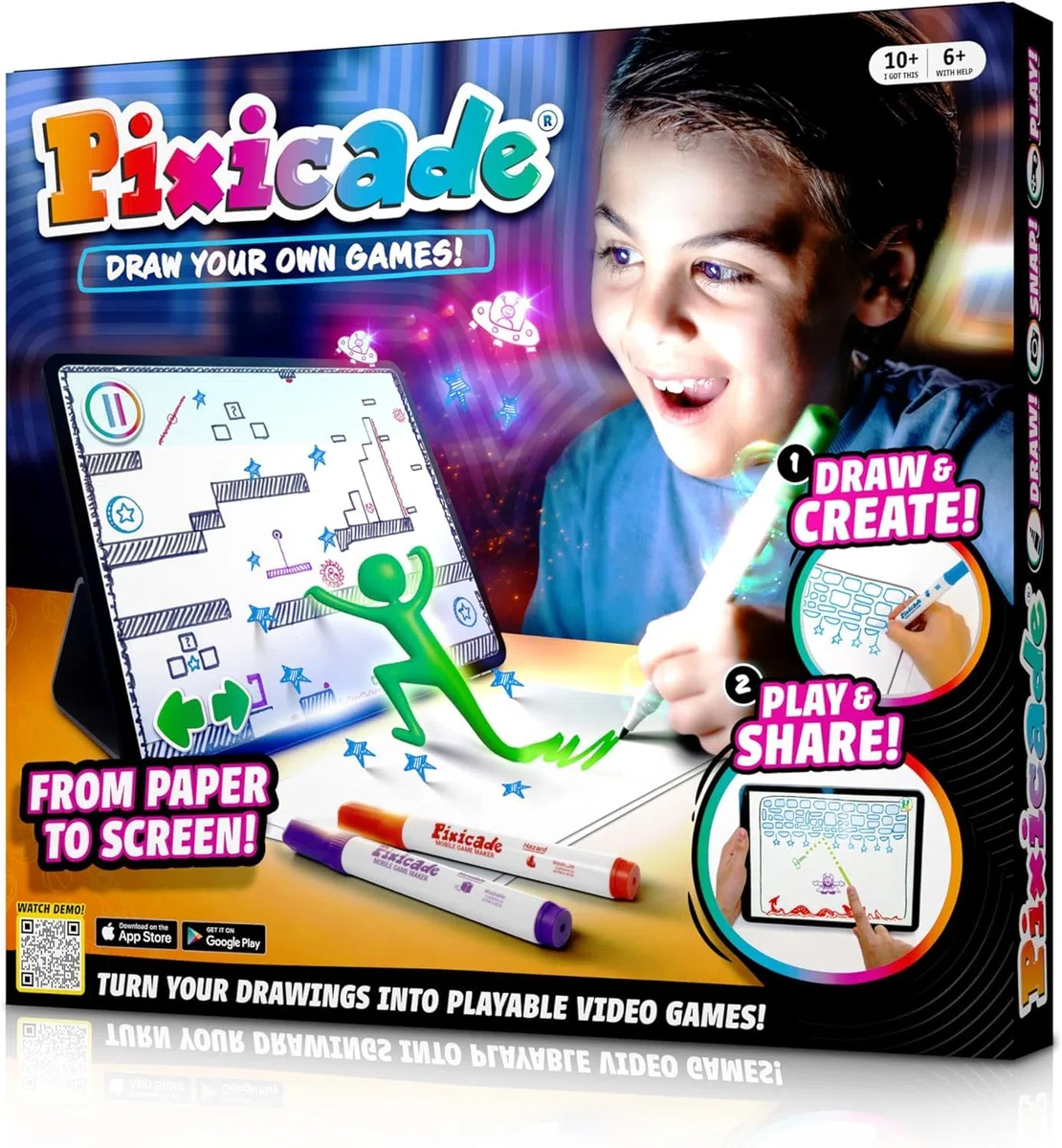 Abacus Brands Pixicade - Giocattoli creativi fai da te dai 6 anni in su. Crea i tuoi videogiochi con 5 pennarelli e 108 pagine, disegno, scansione e gioca