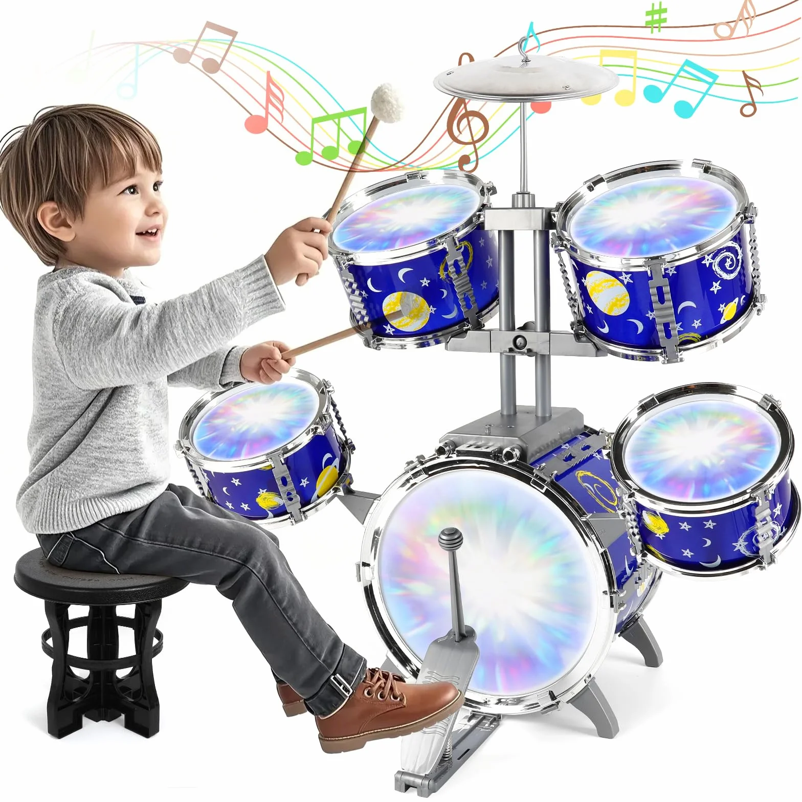 Batteria Giocattolo per Bambini Jazz Drum Kit, Giocattoli musicali luminosi per 3 4 5 Anni, Toddler Drum Set con sgabello 5 Tamburi Strumenti Musicali a Percussione per Ragazzi Ragazze