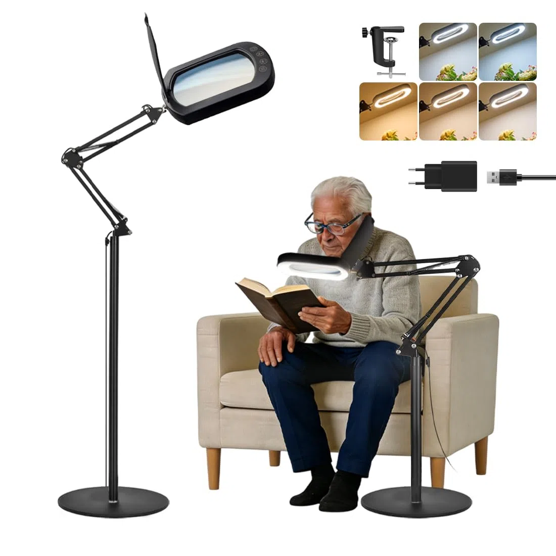 10X Lampada Lente d'Ingrandimento su Piedistallo, 2 in 1 Lampada Lente d'Ingrandimento, Lampada da Scrivania con 5 Modalità di Colore, Lente d'Ingrandimento Luminosa per Lettura, Riparazione