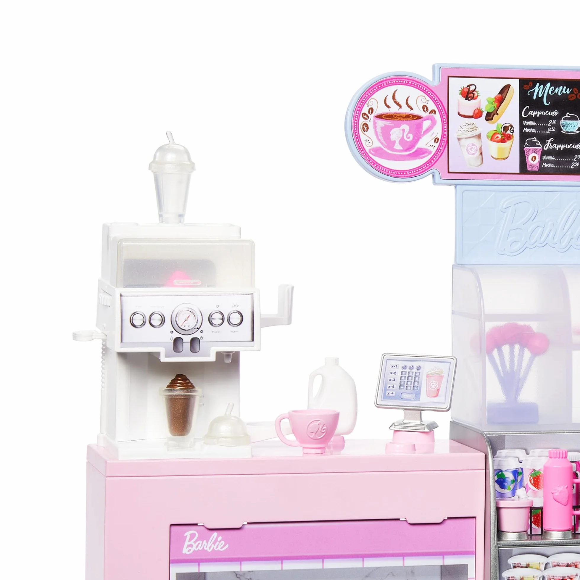 Barbie - Caffetteria, playset con bambola barista bionda e 12+ accessori a tema inclusi, tra cui macchina per caffè e frullati, tazze e cibo, giocattolo per bambini, 3+ anni, HXN94