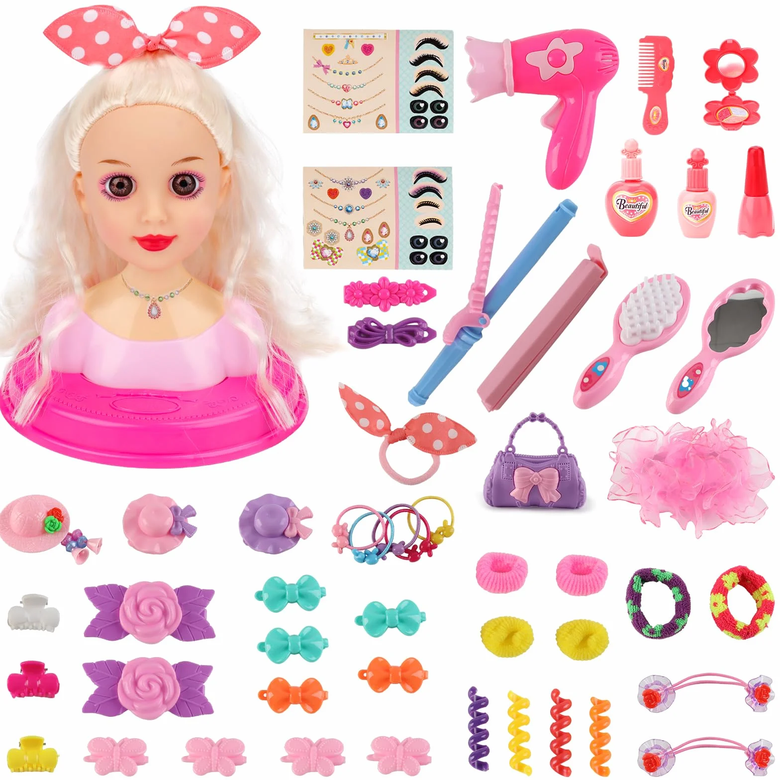 deAO Bambola testa parrucchiere per bambini, testa di bambola styling con asciugacapelli, testa di parrucchiere per bambole da principessa, accessori per capelli e trucchi, giocattolo per ragazze per