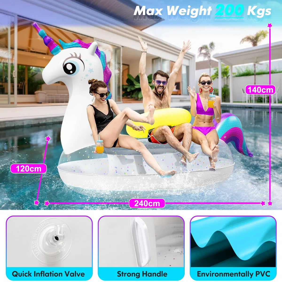 Subtail Unicorno Materassino Mare - Gonfiabili Piscina - Giochi per Bambini Adulti （240 * 140 * 120CM）
