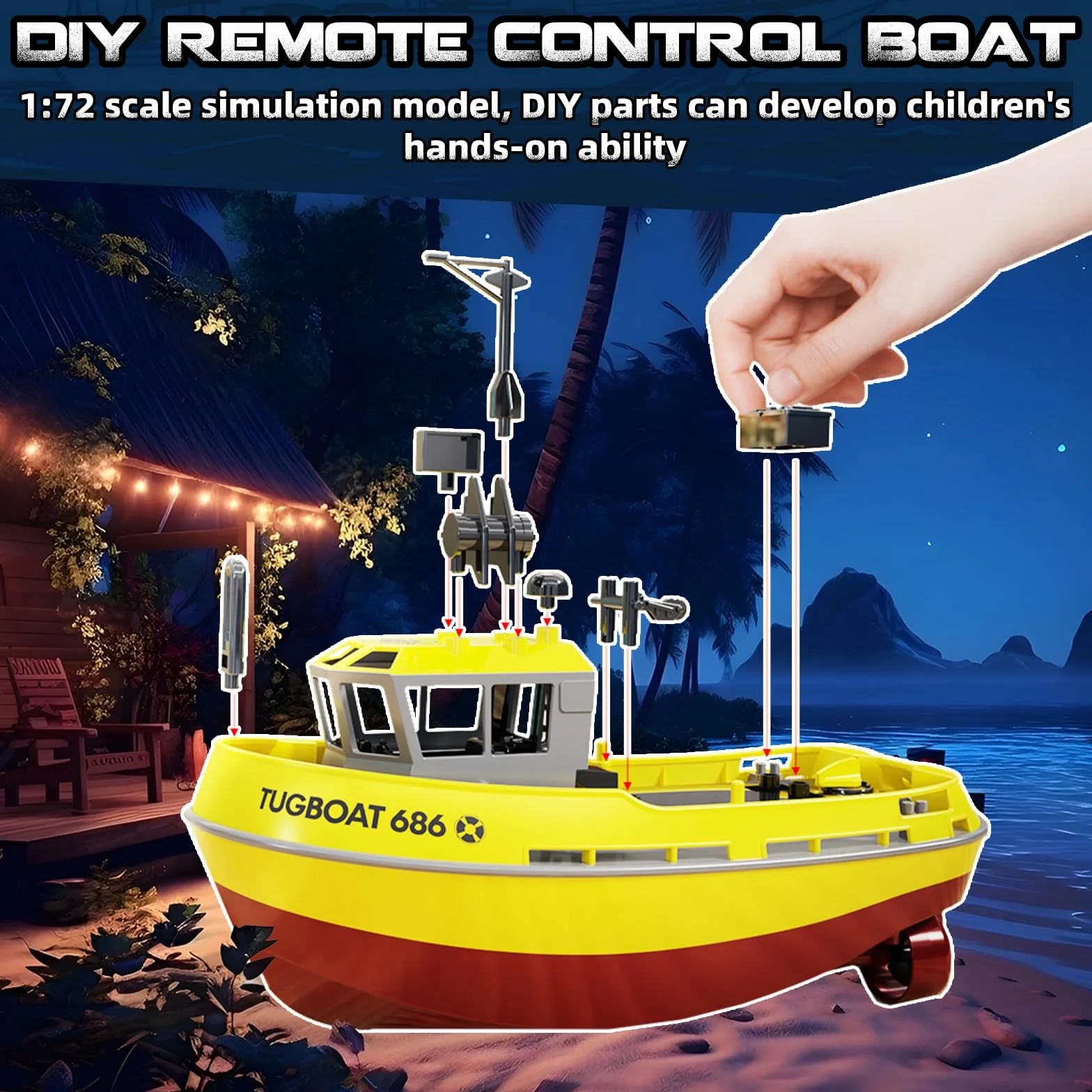 FORMIZON Barca telecomandata, 1:72, modello di simulazione fai da te, barca RC con luci LED, 2,4 GHz, giocattolo nave telecomandata RC, giocattolo da piscina per bambini e adulti