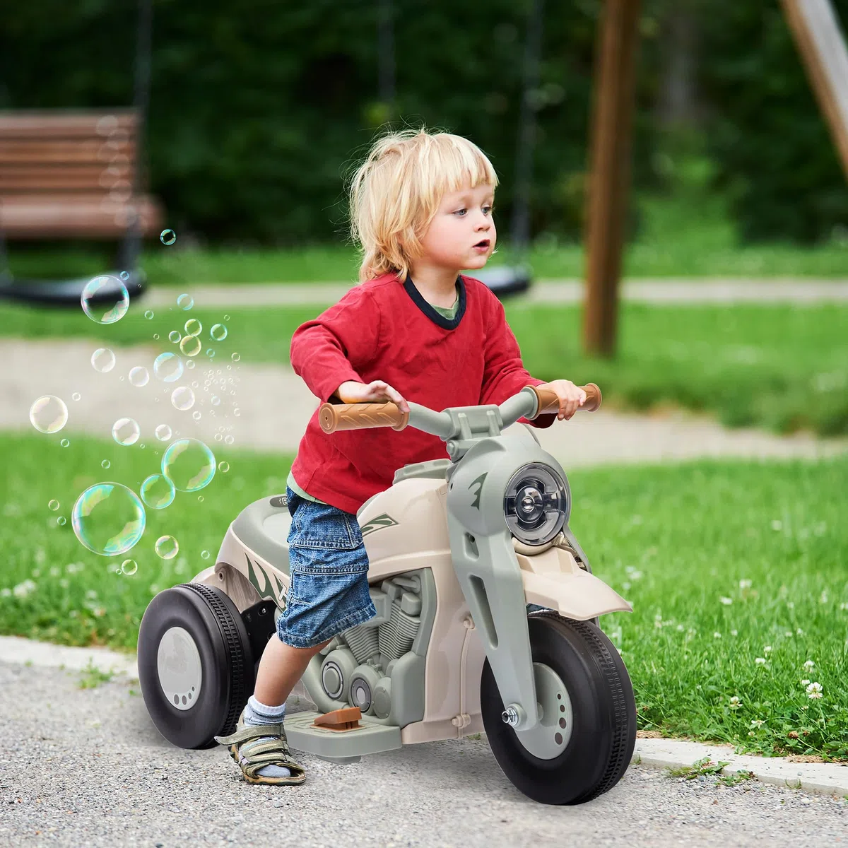 Moto elettrica per bambini AIYAPLAY, moto per bambini da 6V con musica, bolle di sapone, veicolo per bambini con faro, 2,5-3 km/h, per bambini da 2 a 5 anni, max. 30 kg, bianco crema