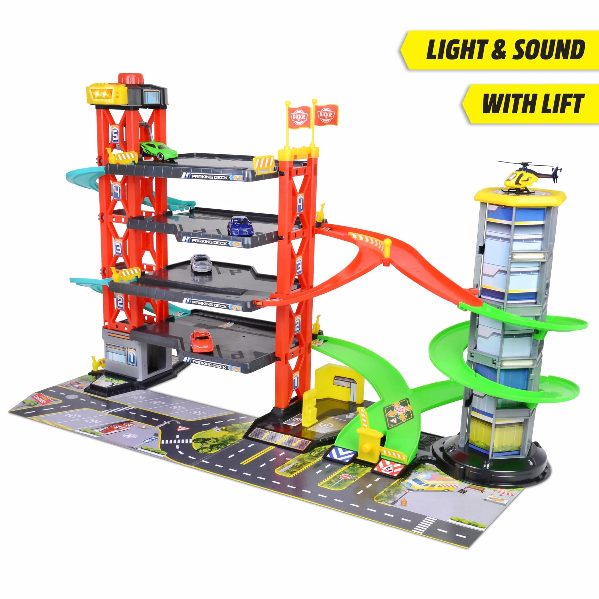 Dickie Toys - Parcheggio a 4 piani per bambini dai 3 anni (87 x 52 cm) con accessori - ampio parcheggio giocattolo su 5 livelli con ascensore, pista, auto giocattolo, elicottero, luce e suono
