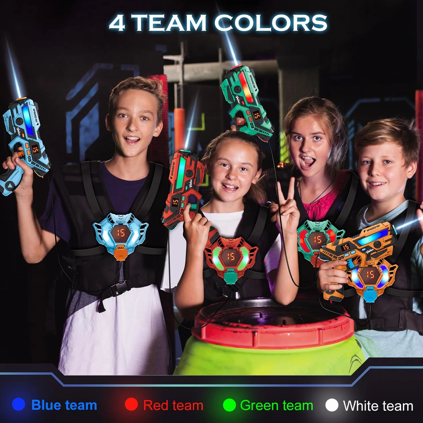 VATOS Laser Tag ricaricabile - Set di Laser Tag a infrarossi con sincronizzazione dei dati in tempo reale, gioco di tiro per 4 giocatori per bambini e ragazzi di età compresa tra 6 e 12 anni