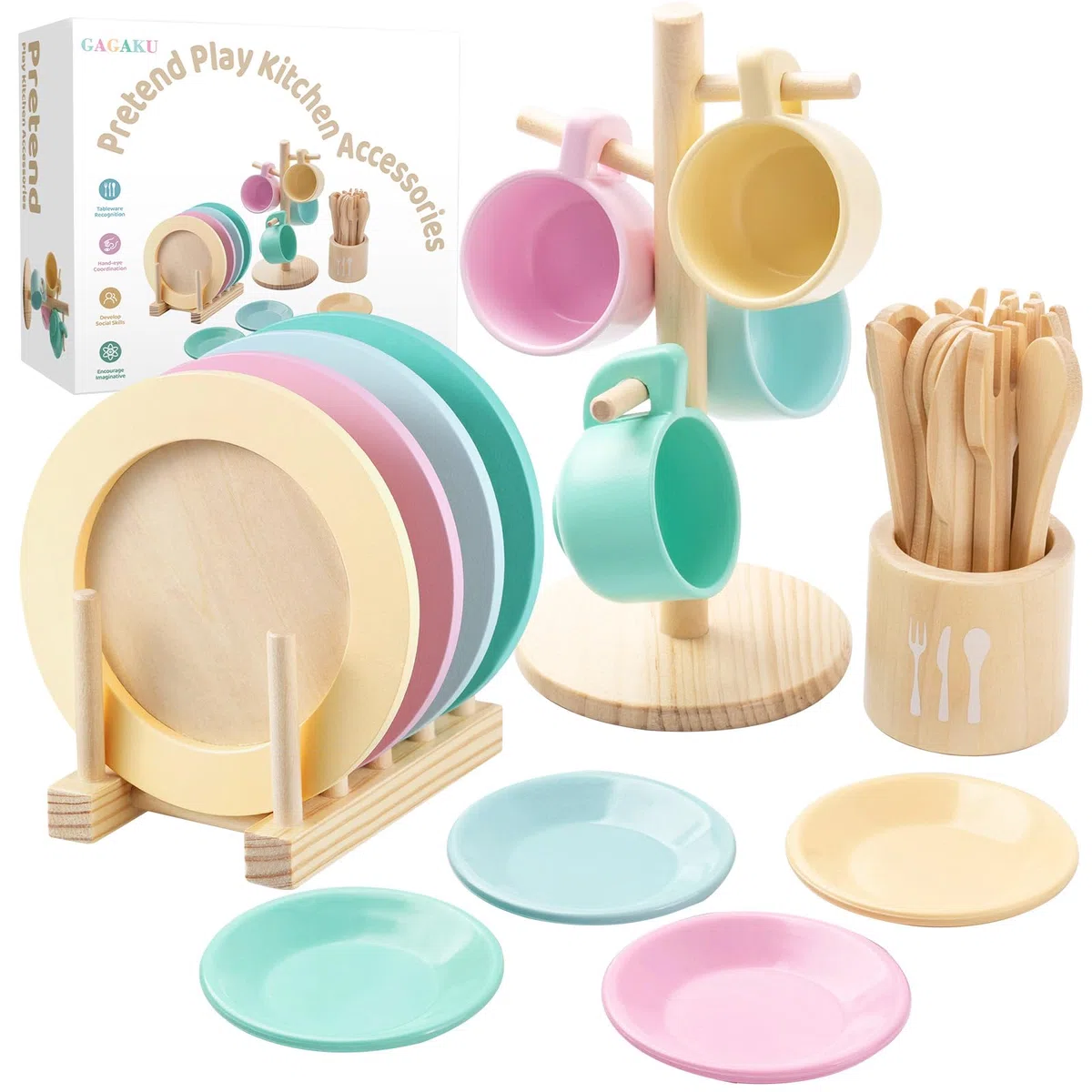 GAGAKU Set di stoviglie da cucina per bambini, 27 pezzi, servizio da tè per bambini, in legno, con supporto, giocattolo Montessori per bambini 3-5 anni (ultima versione)