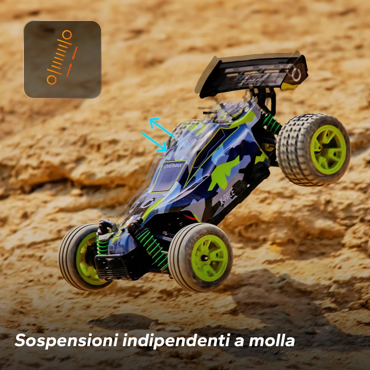 Overmax X-Pace Macchina telecomandata Auto RC Grandi dimensioni, Velocità fino 30km/h Portata fino 100Metri, Trazione 4x4, Senza ricarica fino 30minuti, Sospensione molla, Solida struttura 2 Batterie