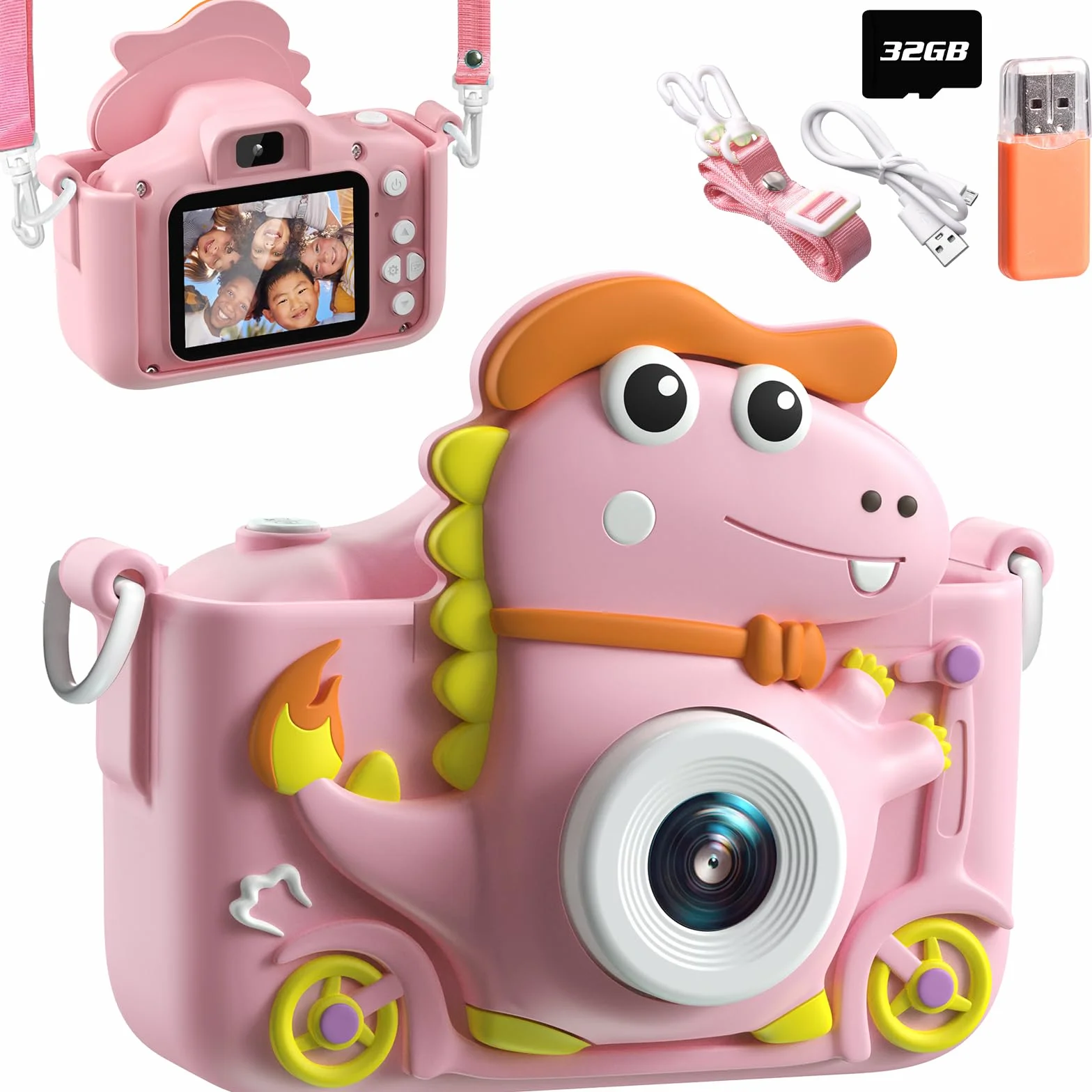 Macchina Fotografica Dinosauro per Bambini 2" 1080P HD Selfie 32G Regalo 3-12 Anni Giocattolo Rosa