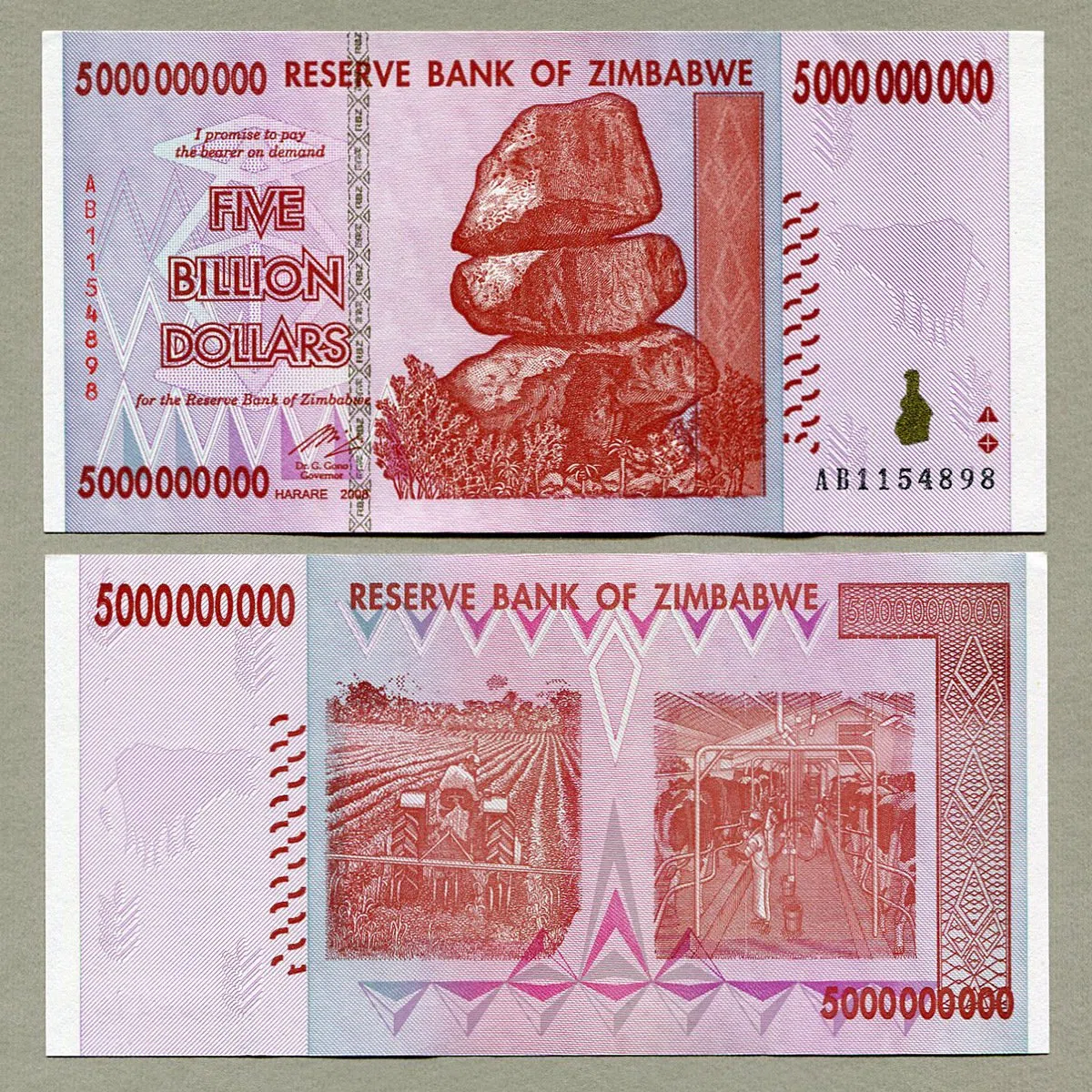 RBZ Collectibles Zimbabwe 50 20 10 5 1 miliardo di dollari banconote 2008 set completo di bollette di valuta UNC