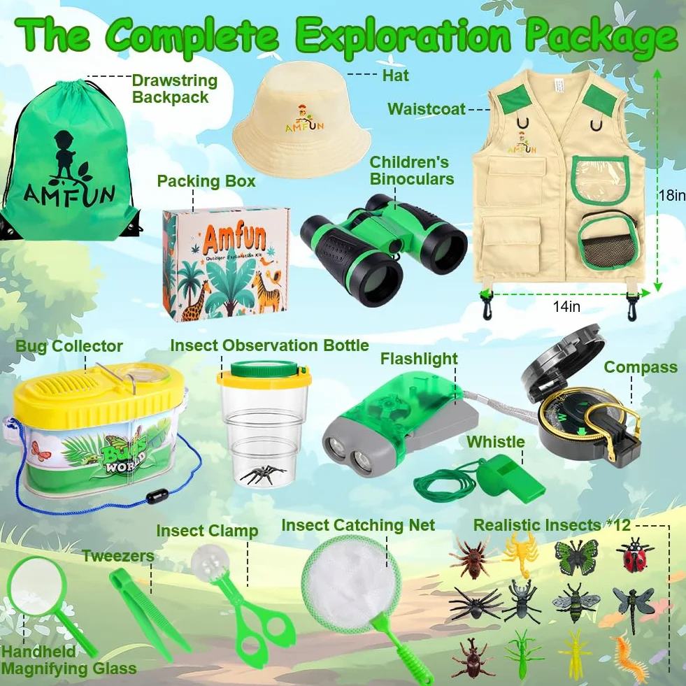 25 Pezzi Kit Esploratore da Esterno per Bambini, Binocolo Giocattolo per Bambini, Torcia, Lente d'Ingrandimento, Zaino