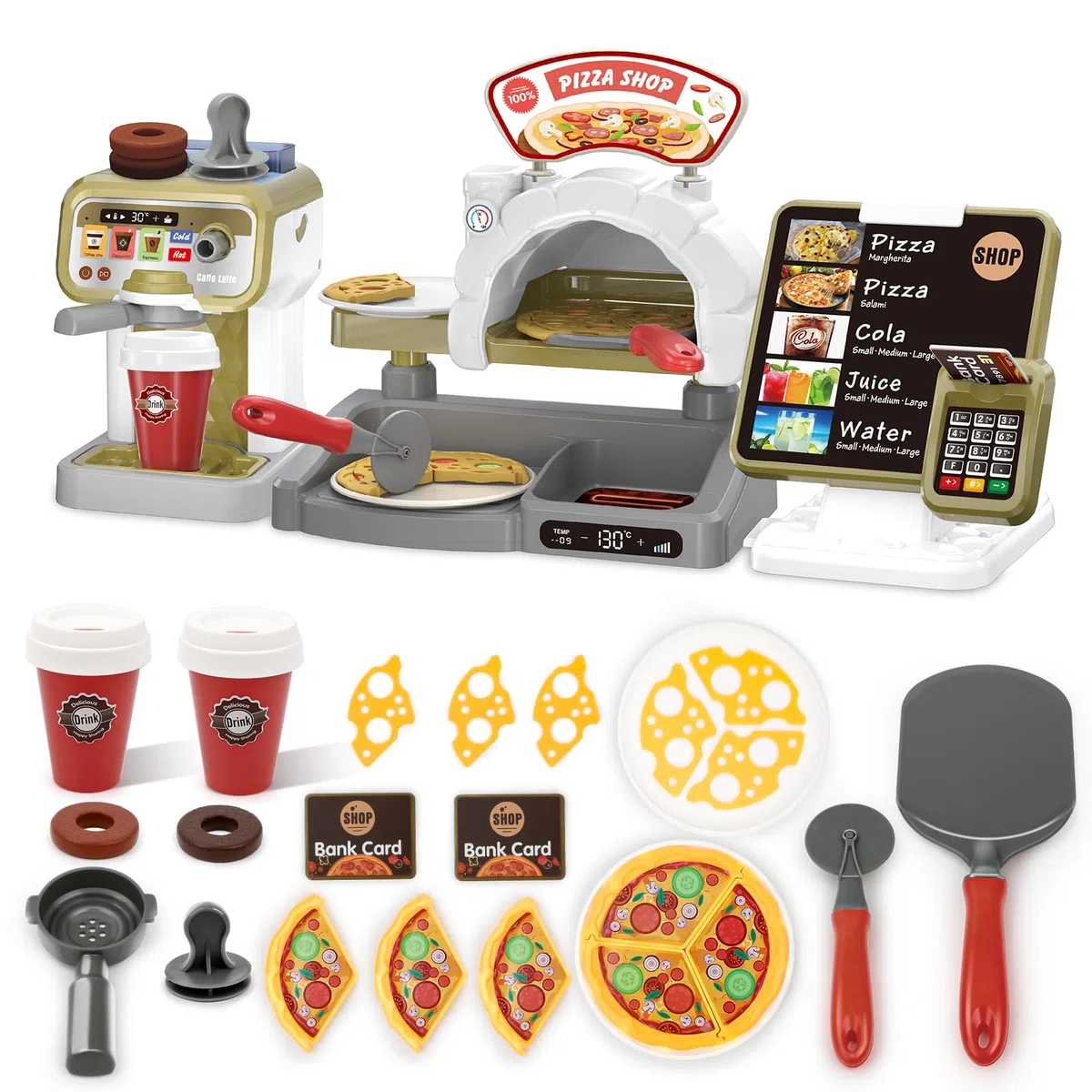 deAO Negozio di Giochi di Ruolo Set da Gioco Caffetteria per Bambini Set da Gioco Macchina del Caffè Negozio di Pizze con Registratore di Cassa 30 pezzi Giocattolo STEM per Bambini Ottimo Regalo