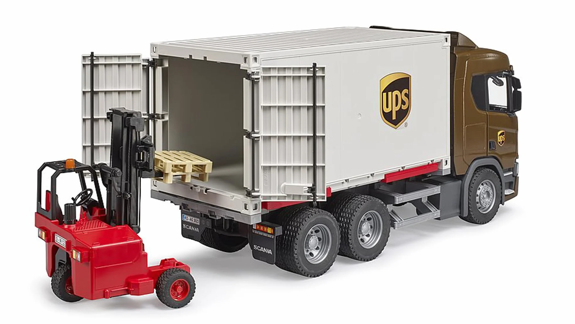 bruder 03582 - Scania Super 560R camion logistica UPS con carrello elevatore, veicoli, consegna pacchi, trasporto, carrello elevatore, trasportatore, giocattoli da 4+ anni
