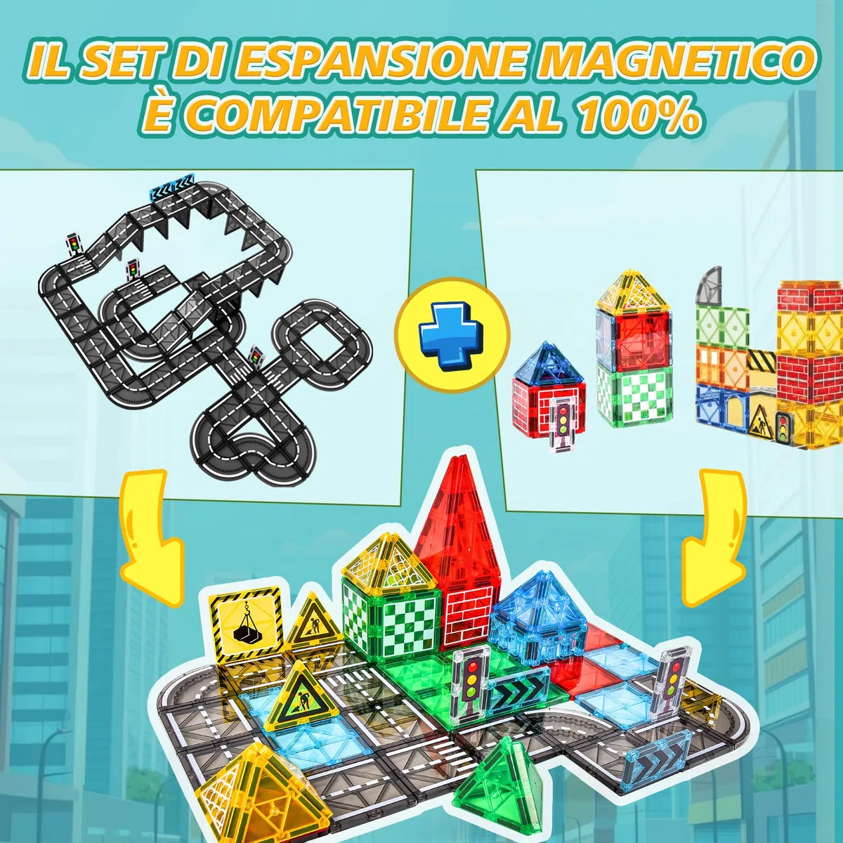 BuzzoXerex Costruzioni Magnetiche Strade, 70 Pezzi Tessere Magnetiche Strada, Piastrelle Magnetic Tiles Giocattoli Costruzioni Regalo Bambino 3 4 5 anni (70 Pezzi)