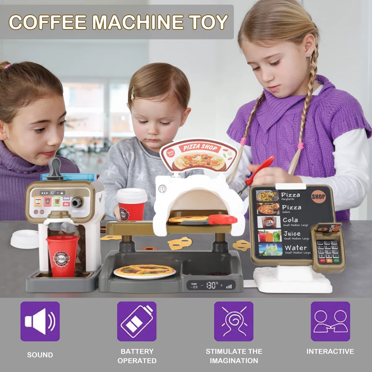 deAO Negozio di Giochi di Ruolo Set da Gioco Caffetteria per Bambini Set da Gioco Macchina del Caffè Negozio di Pizze con Registratore di Cassa 30 pezzi Giocattolo STEM per Bambini Ottimo Regalo