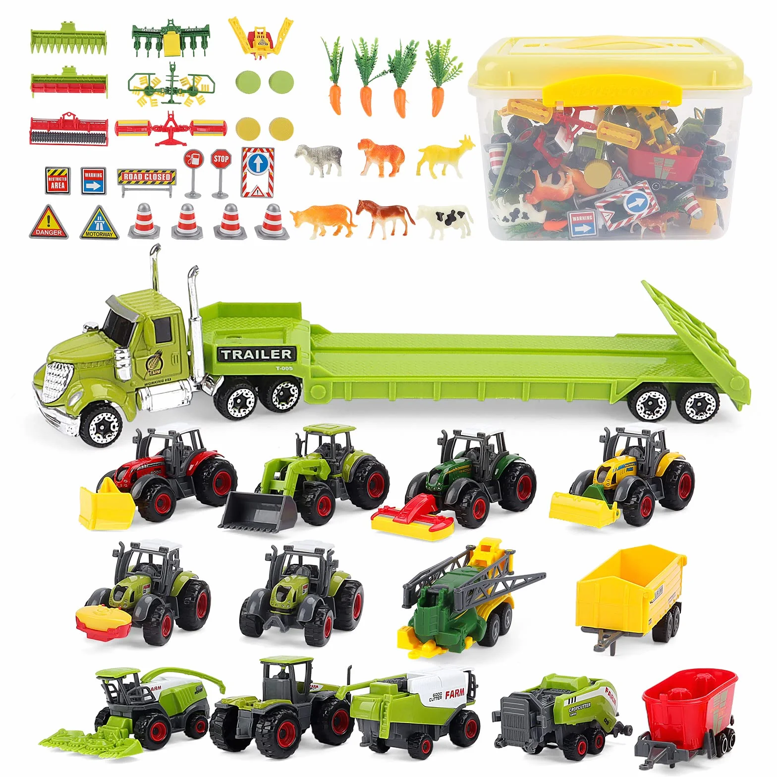 deAO 45 Pezzi Kit per veicoli agricoli, Gioco di Fattoria con Veicoli ad Attrito Set di 4 Trattore con Rimorchi Rimovibili Inclusi, Accessori per Trattori, Camion e Animali da Fattoria, Regali bambini