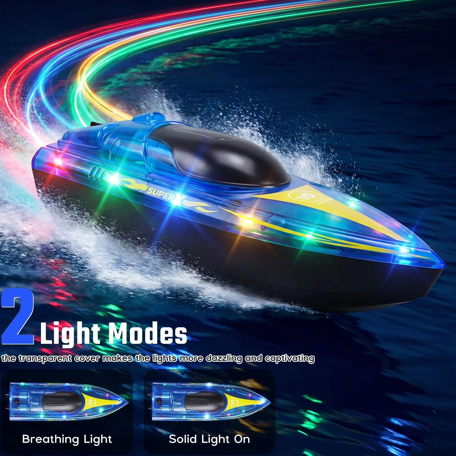 Barca Telecomandata, 2.4GHz Barca Radiocomandata, 15KM/H Motoscafo Telecomandato on Luce LED, 2 Batterie per 90 Min, Allarme Batteria, RC Boat per Piscine e Laghi, per adulti e bambini sopra i 14 anni