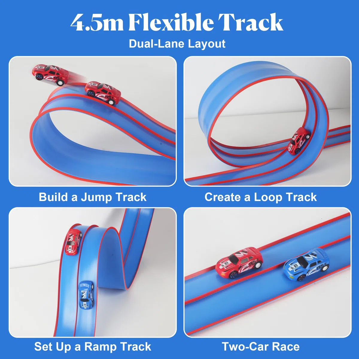 Set di piste da corsa flessibili da 4,5 metri per bambini, pista flessibile per bambini, Hot Wheels, pista da corsa portatile Hot Wheels con doppia rampa, adatta ai bambini