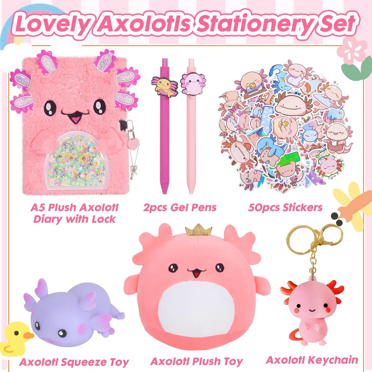 Regali Axolotl per bambine dai 5 ai 12 anni, peluche Axolotl con diario segreto, serratura e chiavi, penna, adesivi, portachiavi, regali di compleanno per bambini, simpatico set di diari Axolotl