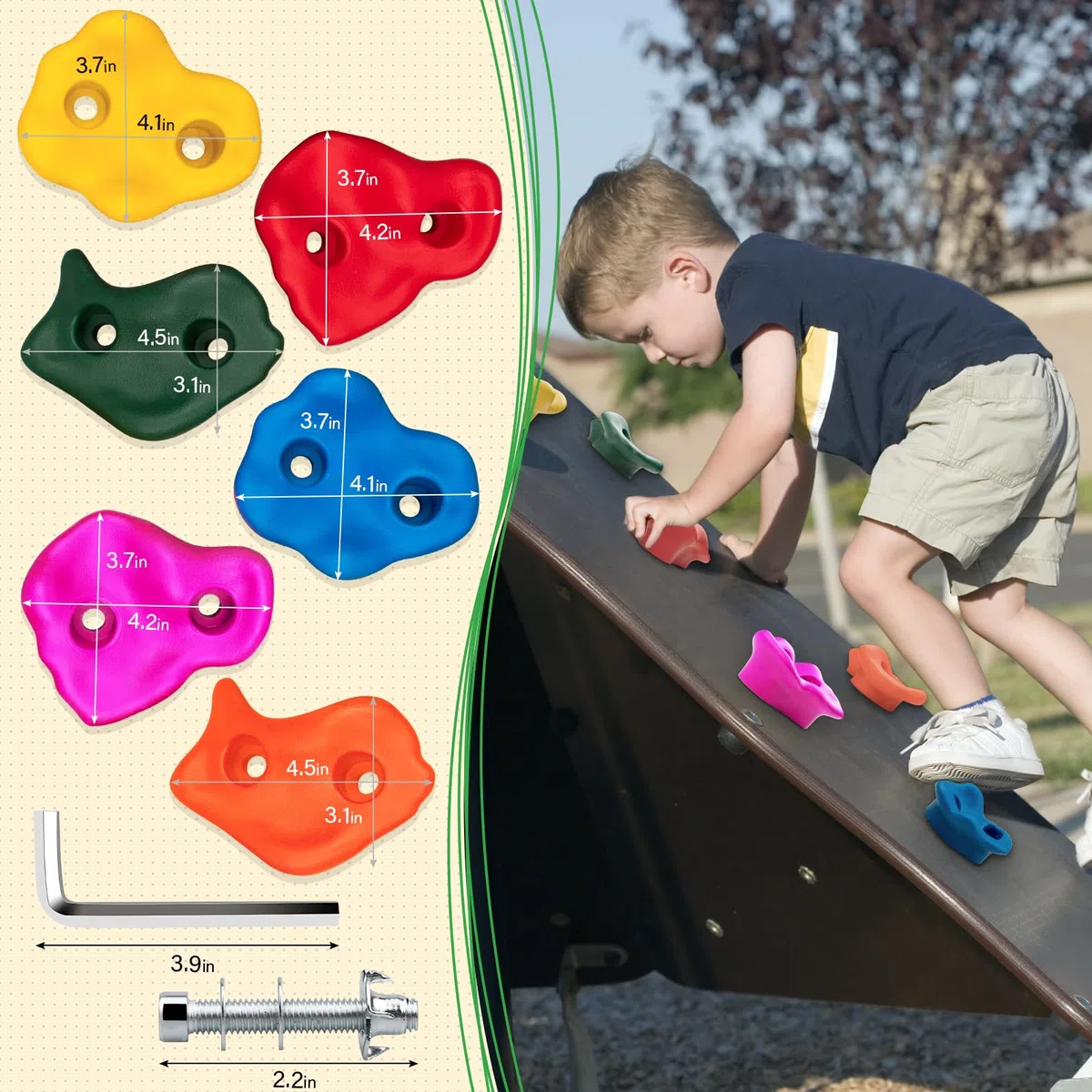 Trymaker Set di impugnature per arrampicata su roccia per bambini, 15 pezzi/30 impugnature per arrampicata per bambini e adulti all'aperto