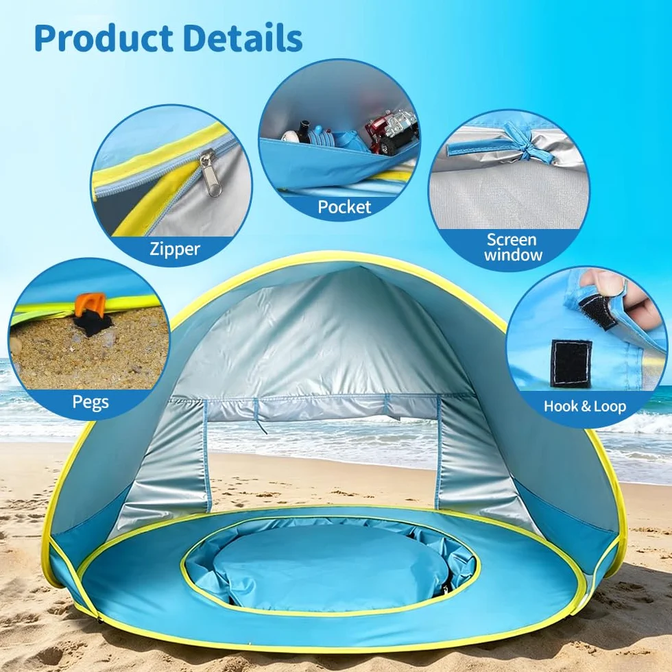 Tenda da Spiaggia Bambini, Tenda Spiaggia con Protezione UV 50, Parasole da Spiaggia con Mini-Piscina, Borsa per il Trasporto e Picchetti, Finestra con Cerniera