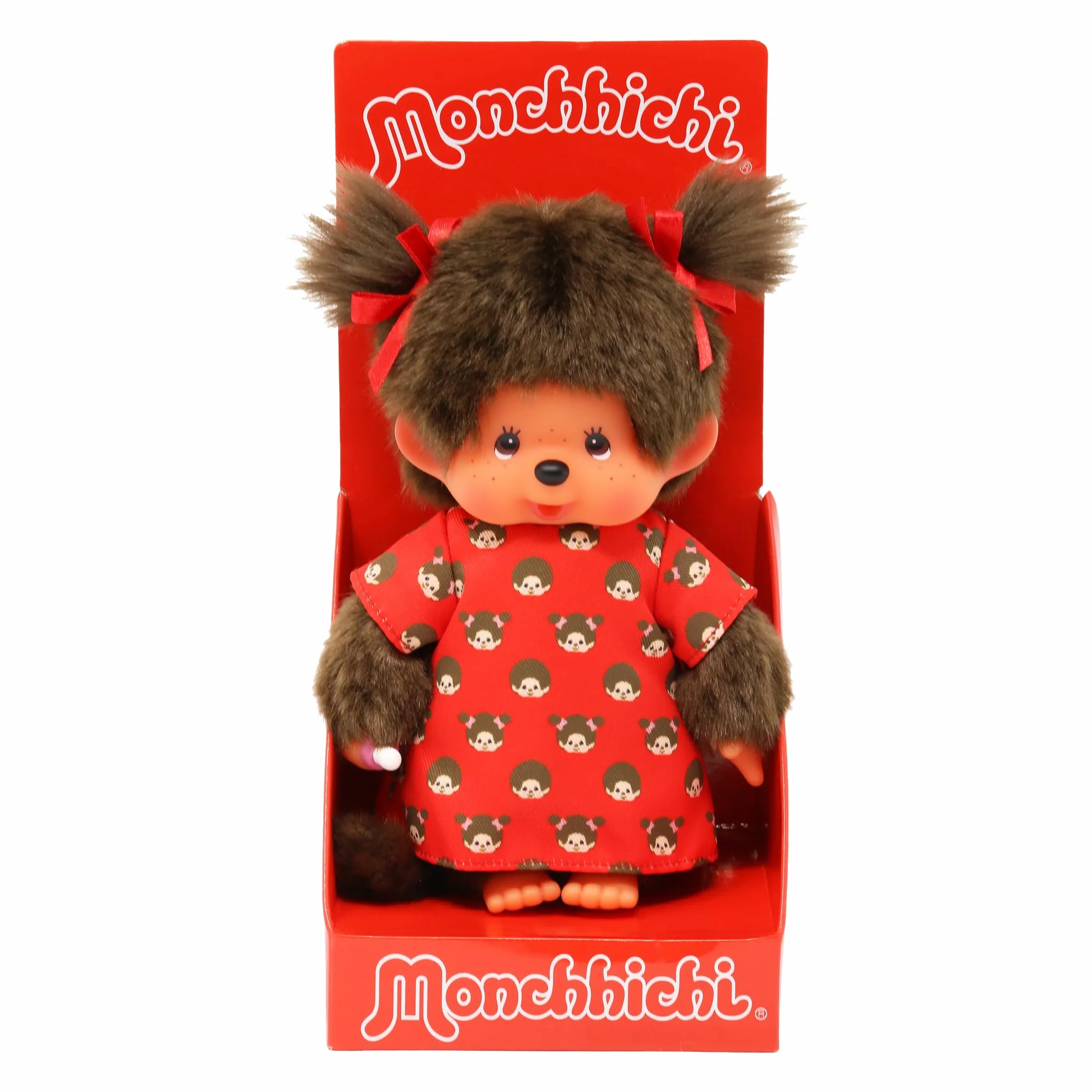 Sekiguchi 221295 - Originale Ragazza Monchhichi, Figura in Peluche con Abito Monchichi e Fiocchi, Alta Circa 20 cm in Peluche Marrone.