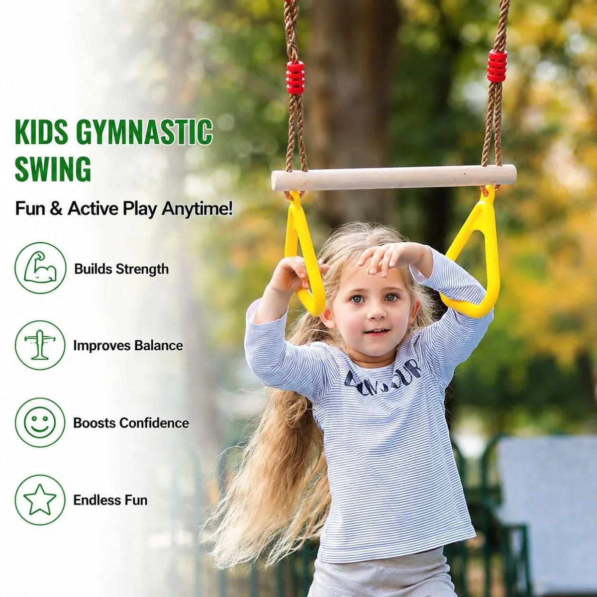 Multifunzionale Altalena a trapezio in legno, Morwealth Altalena Fitness Ring, con anelli in plastica anelli per ginnastica anelli per bambini fino a un carico di 120 kg