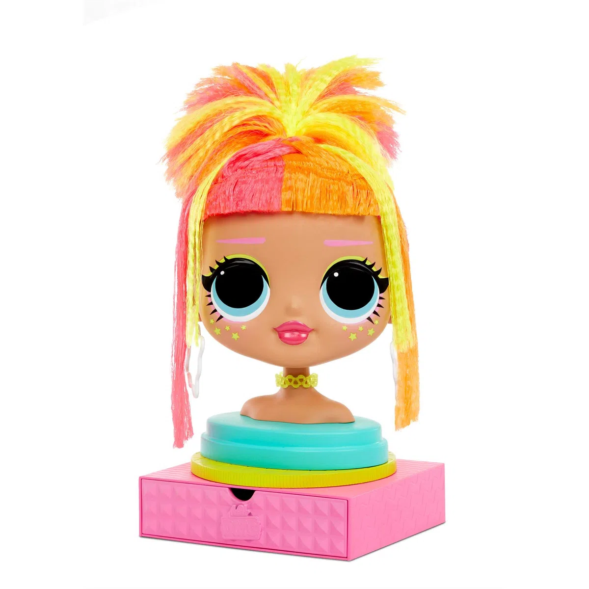 LOL Surprise OMG Testa da Acconciare con Capelli Adesivi per Stili Infiniti, 30 Sorprese e Accessori, Neonlicious