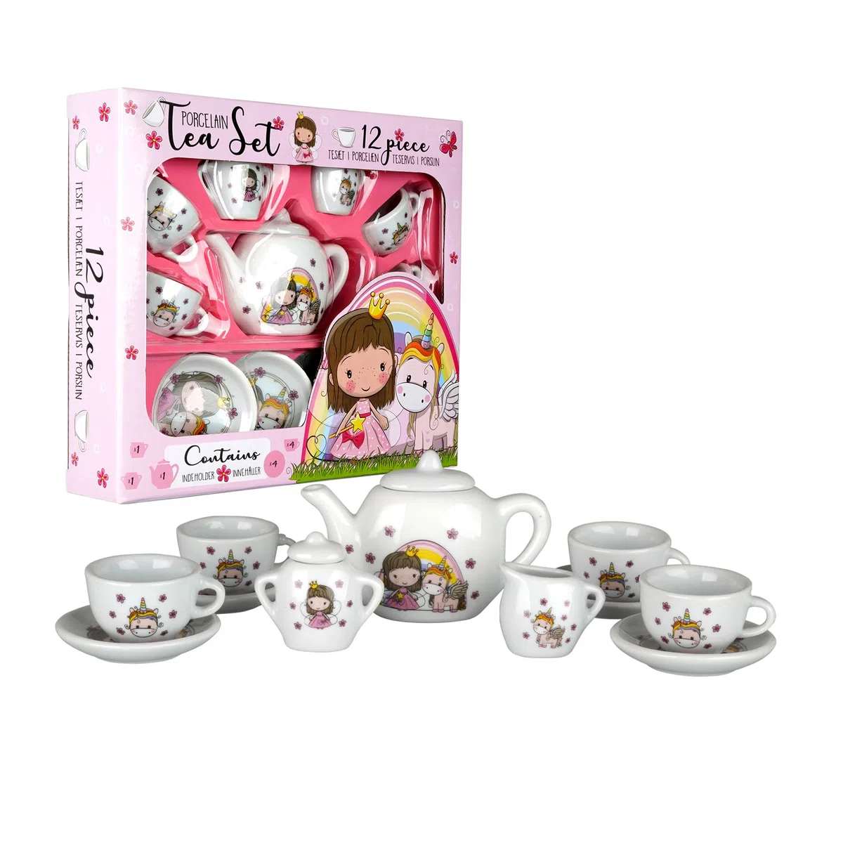 Barbo Toys - Lillie & Ellie Servizio da tè da 12 pezzi in porcellana per bambini | Set di giochi di ruolo per tea party dai 3 agli 8 anni | Servizio da tè con teiera, zuccheriera, brocca, tazze e