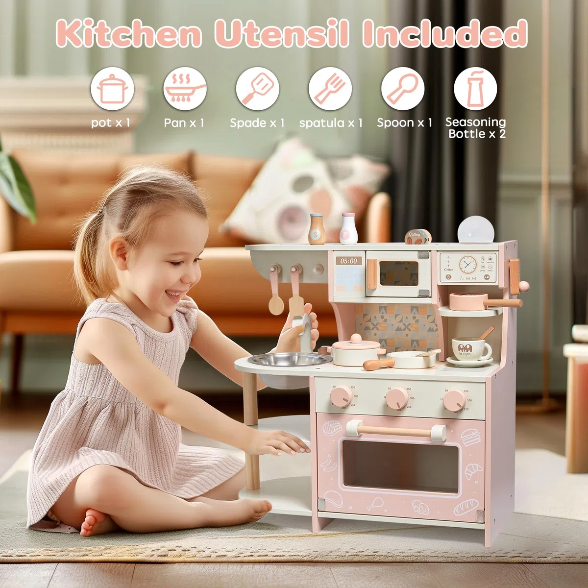 Cucina giocattolo per bambini, giocattoli in legno per bambini, set da gioco con caffettiera, accessori da cucina, regalo per ragazze e ragazzi dai 3 ai 6 anni
