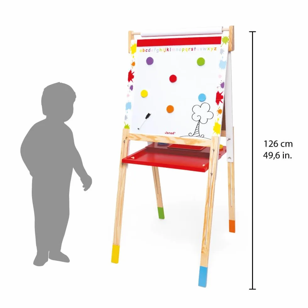 Janod-Due Facce Splash Lavagna per Bambini in Legno Evolutiva Magnetica Bianca Regolabile in Altezza con Ardesia per Gesso, 13 Accessori Inclusi, A partire da 3 Anni, J09611